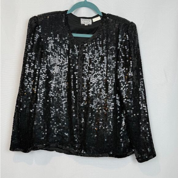 Stenay Tops - Vintage Stenay 100% Silk Black Sequin Long Sleeve Top Beaded Trim Size S 80s